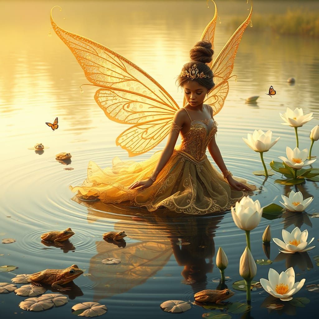 A gorgeous surrealism,  hyperealism, gigantic beautiful masterpiece brown  fairy wearing a  beautiful gold fairy outfit ...