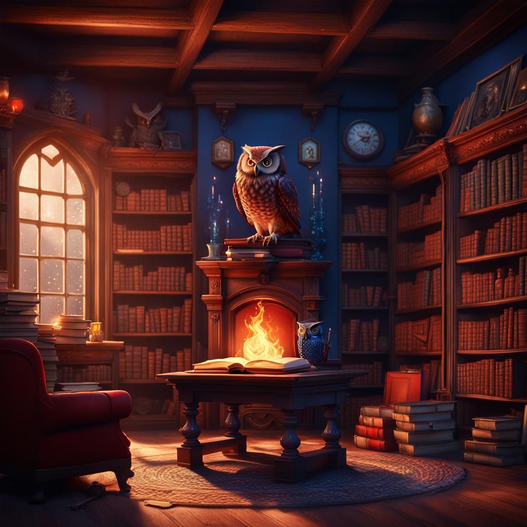 Fantasy Owl Librarian in Cosy Library