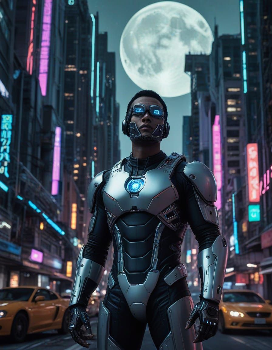 Cyberpunk Hero Stands Tall in Futuristic Canyon