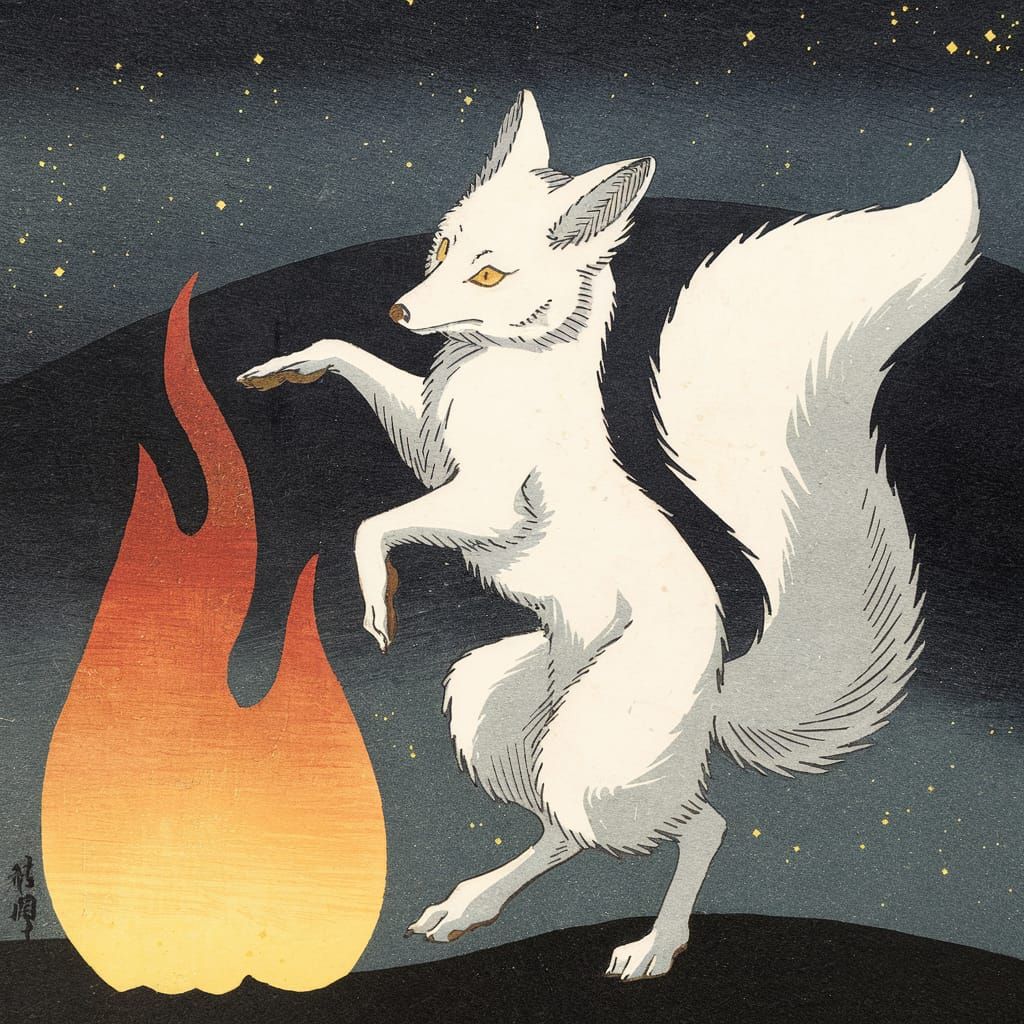 Kitsune Dancing with Ghost Light, Woodblock Print Style