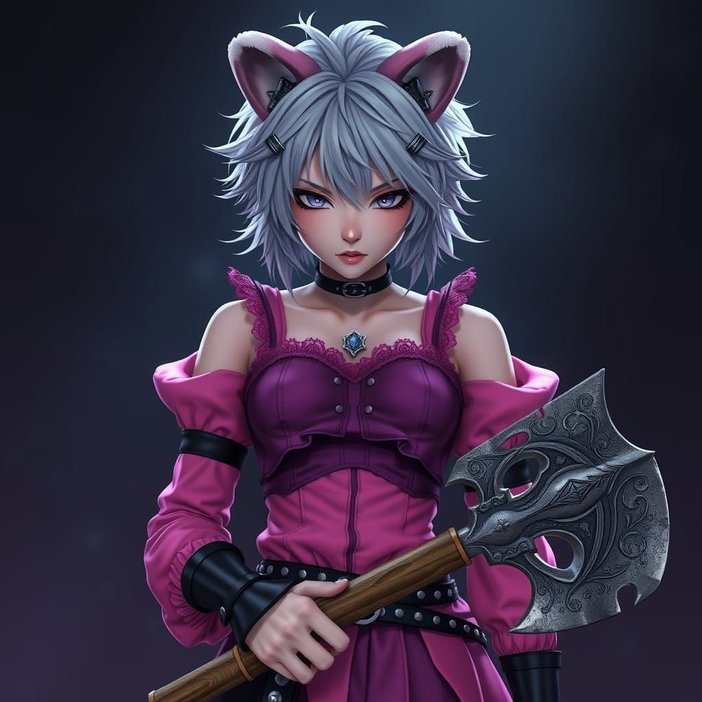 Goth Anime Warrior with Badger Ears and Battle Axe