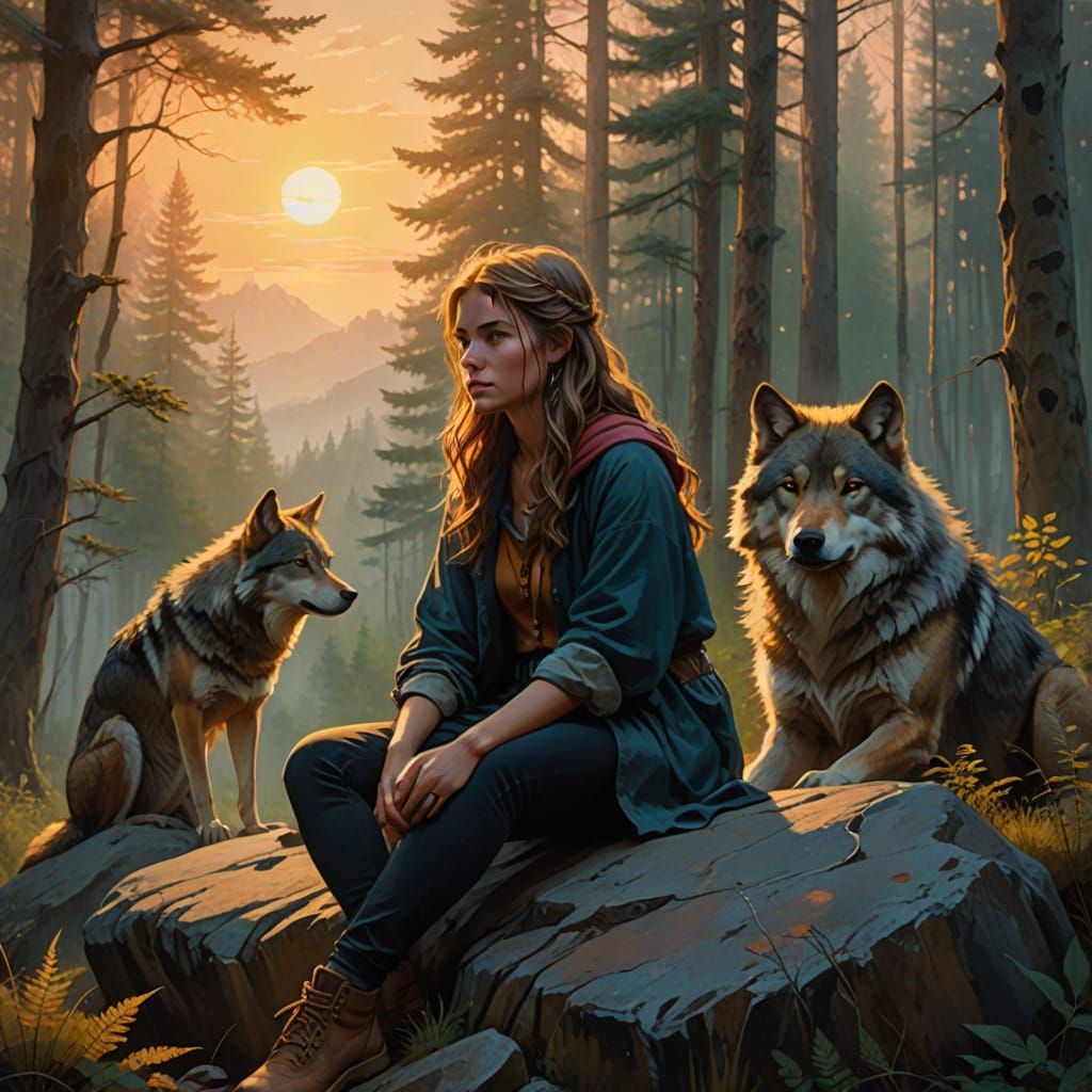 Woman and Wolf in Sunrise Forest, Vibrant Oil Painting