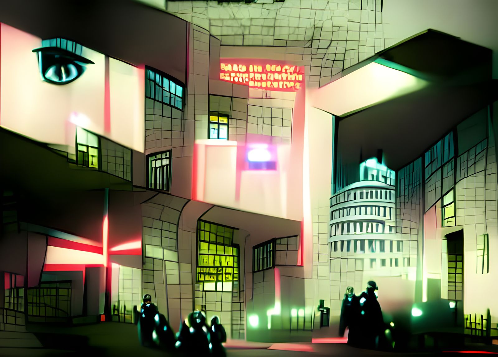 Cyberpunk State Police Headquarters in Neon Cityscape