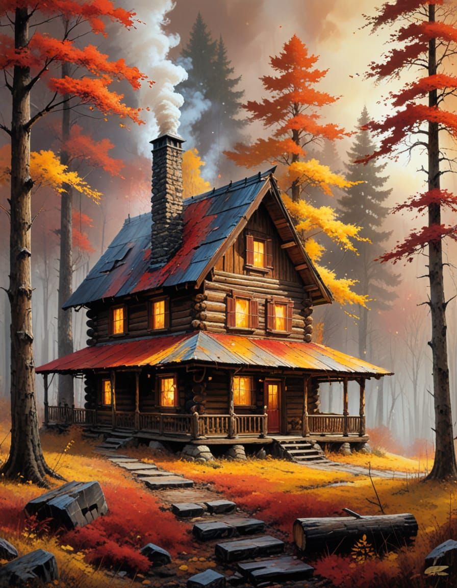 Log Cabin in Autumn Forest Dusk, Abstract Art Style