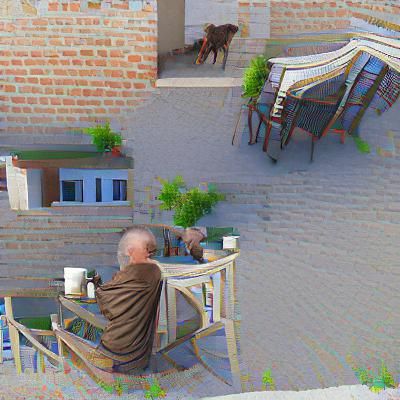 Old man drinking coffee on the terrace of the house with his...