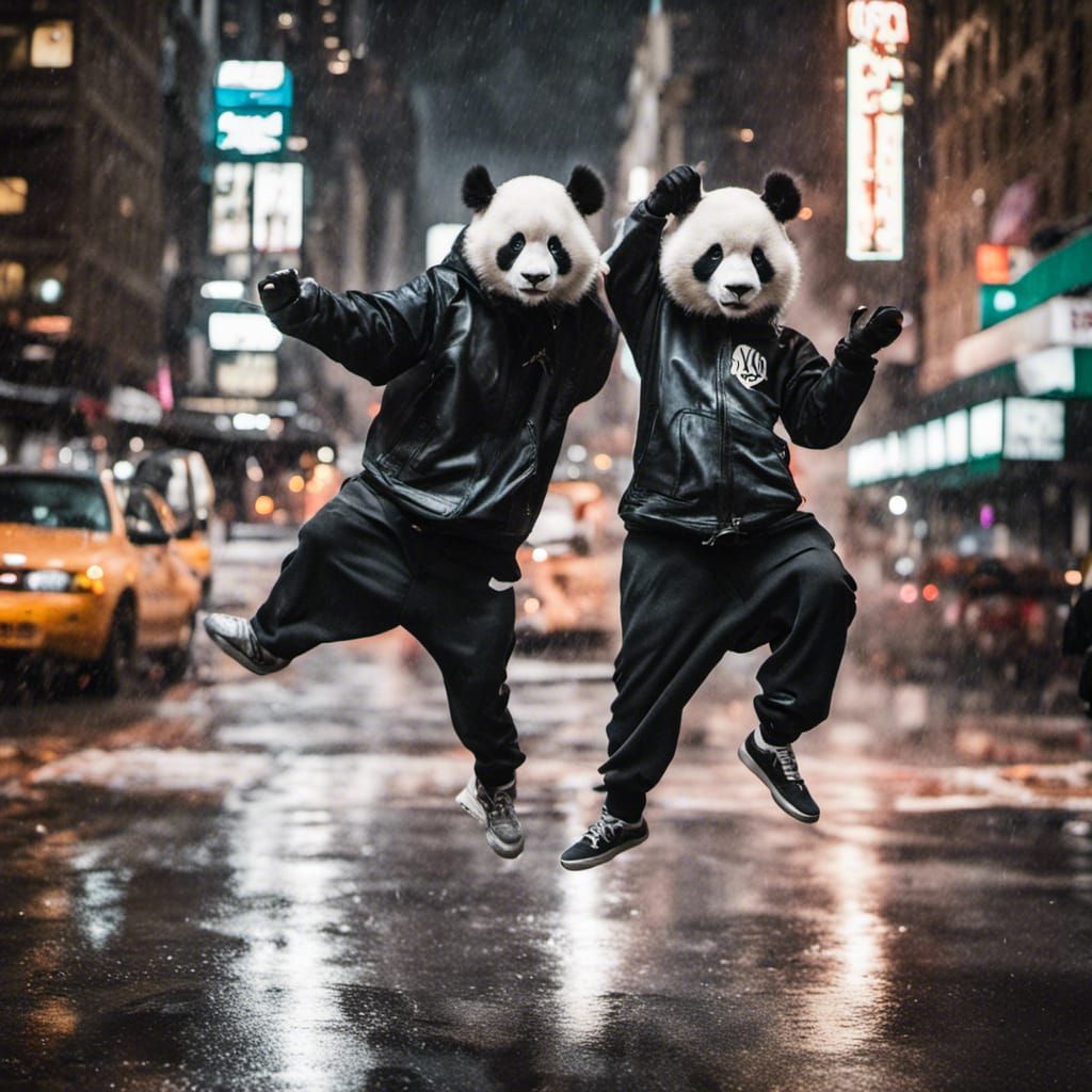 Pandas Breakdancing in New York City at Night