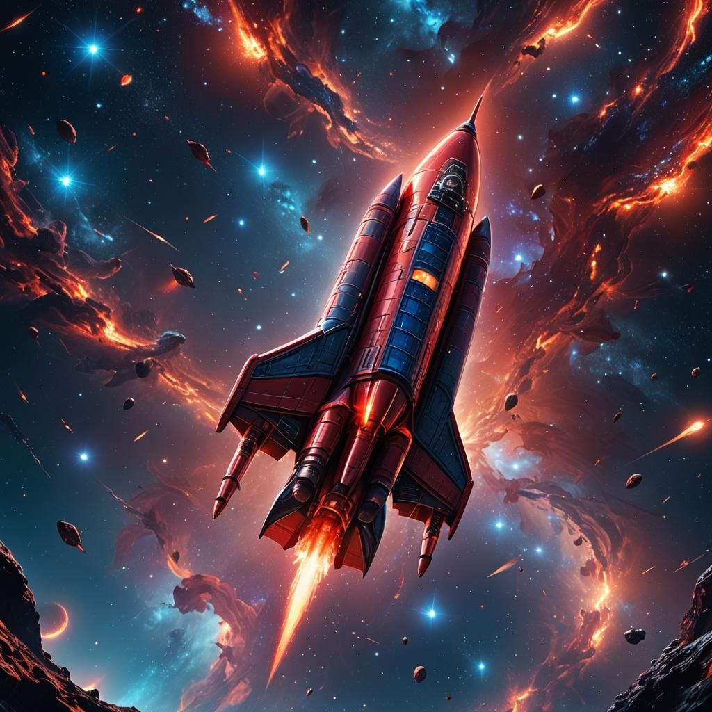 Red Glass Rocketship Soaring Through Space