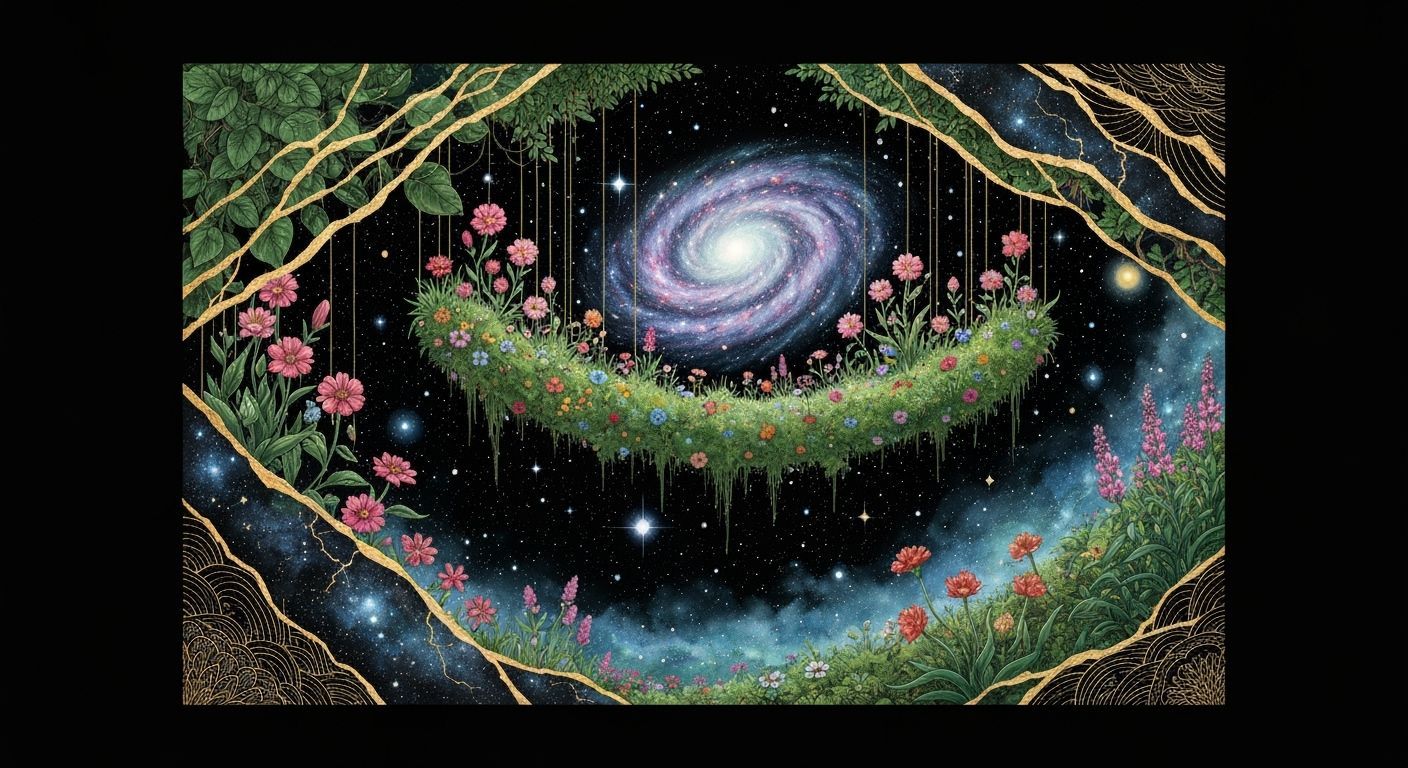 Floating Astral Garden with Cosmic Flowers in Mixed Media
