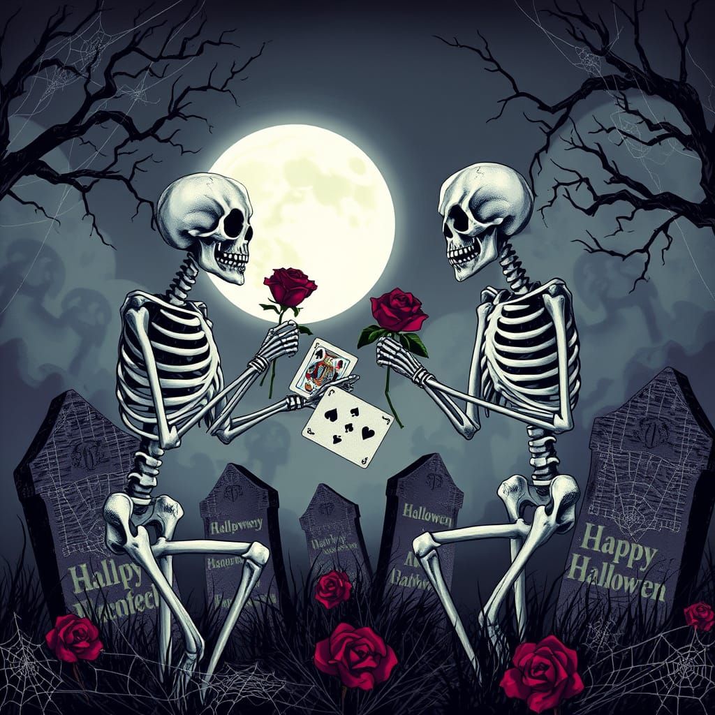 Skeletons Exchange Eerie Roses in Halloween Graveyard