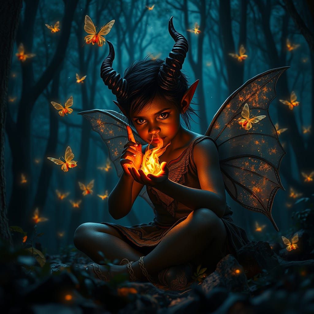 Dark Skin Demon Child Practices Magic in a Fantastical Fores...