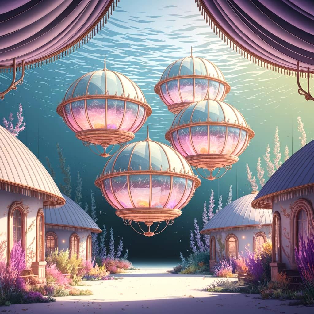 Luminous Underwater Village in Watercolor Style