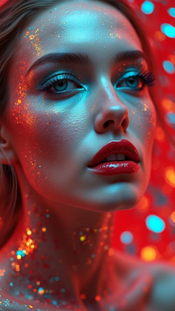 Woman Explodes in Color Geometry and Surreal Beauty