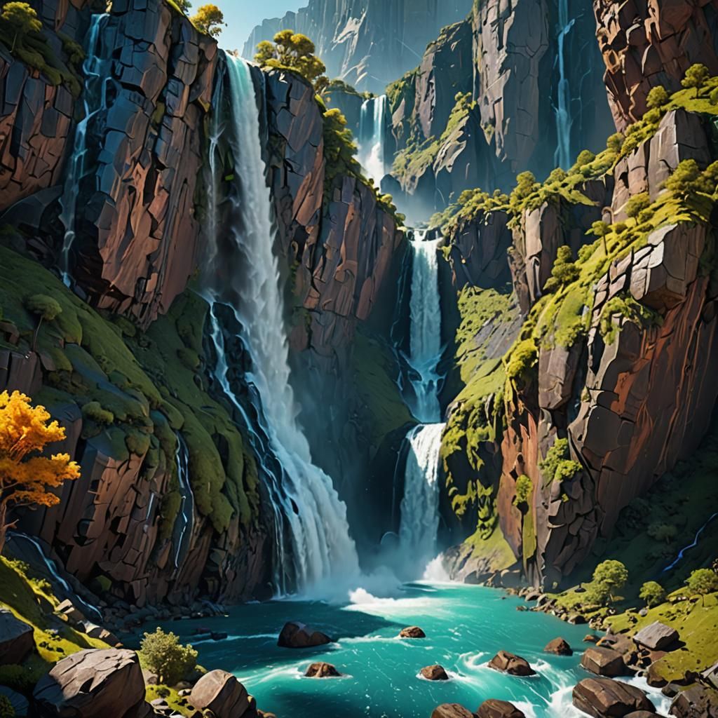 The mile high waterfalls of planet Pandora :: 8k resolution. Beautiful, close-up, epic scale. polished. amazing depth. e...