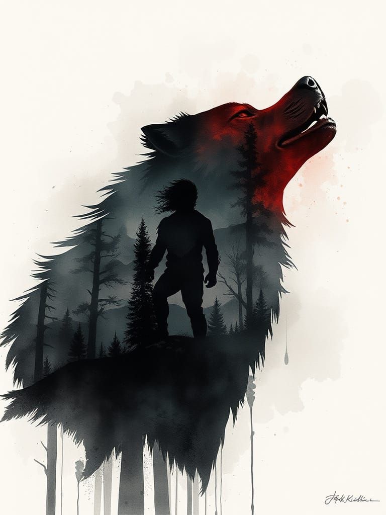 Wolf in Werewolf Fantasy Scene, Watercolor and Ink Art
