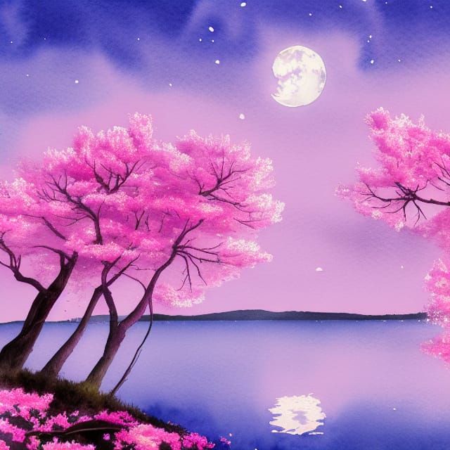 Fantasy Blossom Trees and Moonlit Lake
