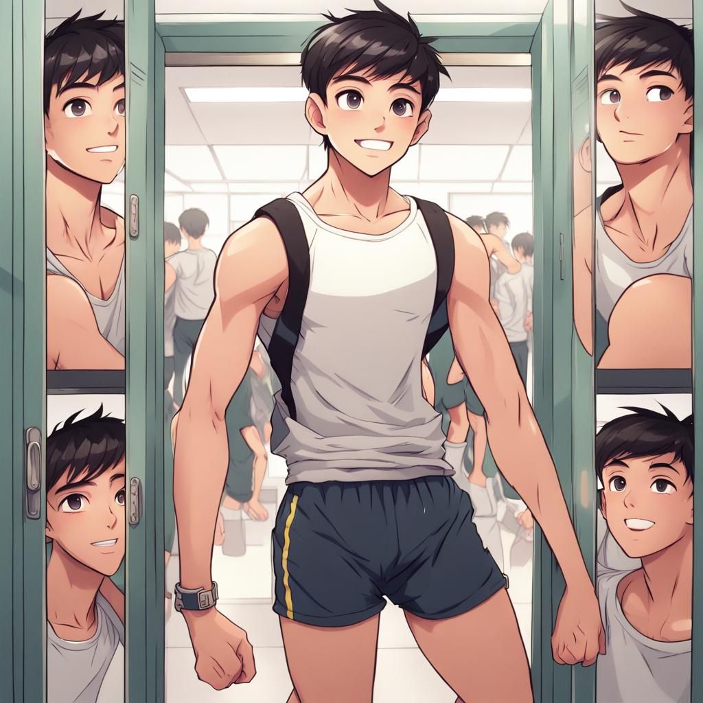 Asian fitness teen boy in a gym locker room. anime style