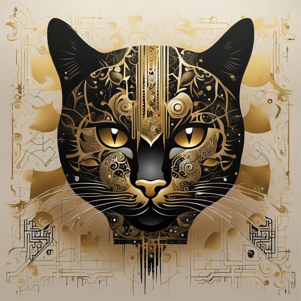 Surreal Abstract Cat with Metallic Elements