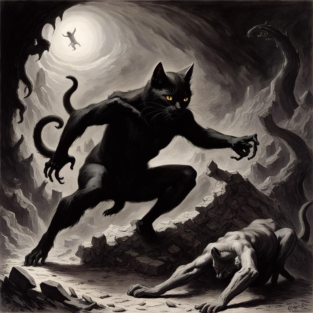 Black Cat's Infernal Fight: Horror Art