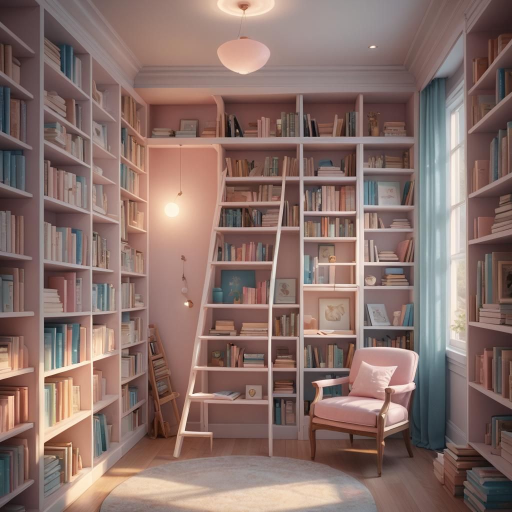 Elegant Miniature Library with Reading Nook, Digital Art