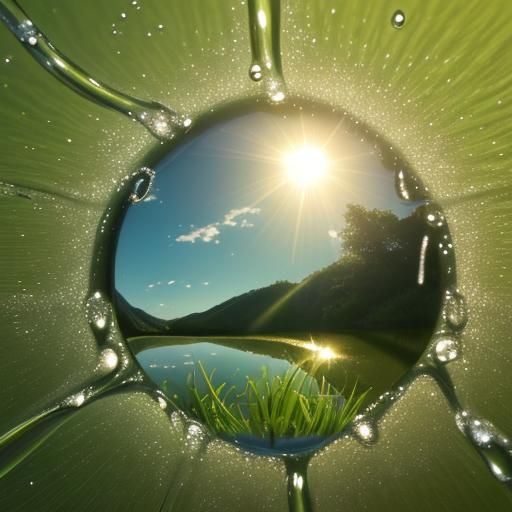 Green Landscape Reflected in Water Droplet