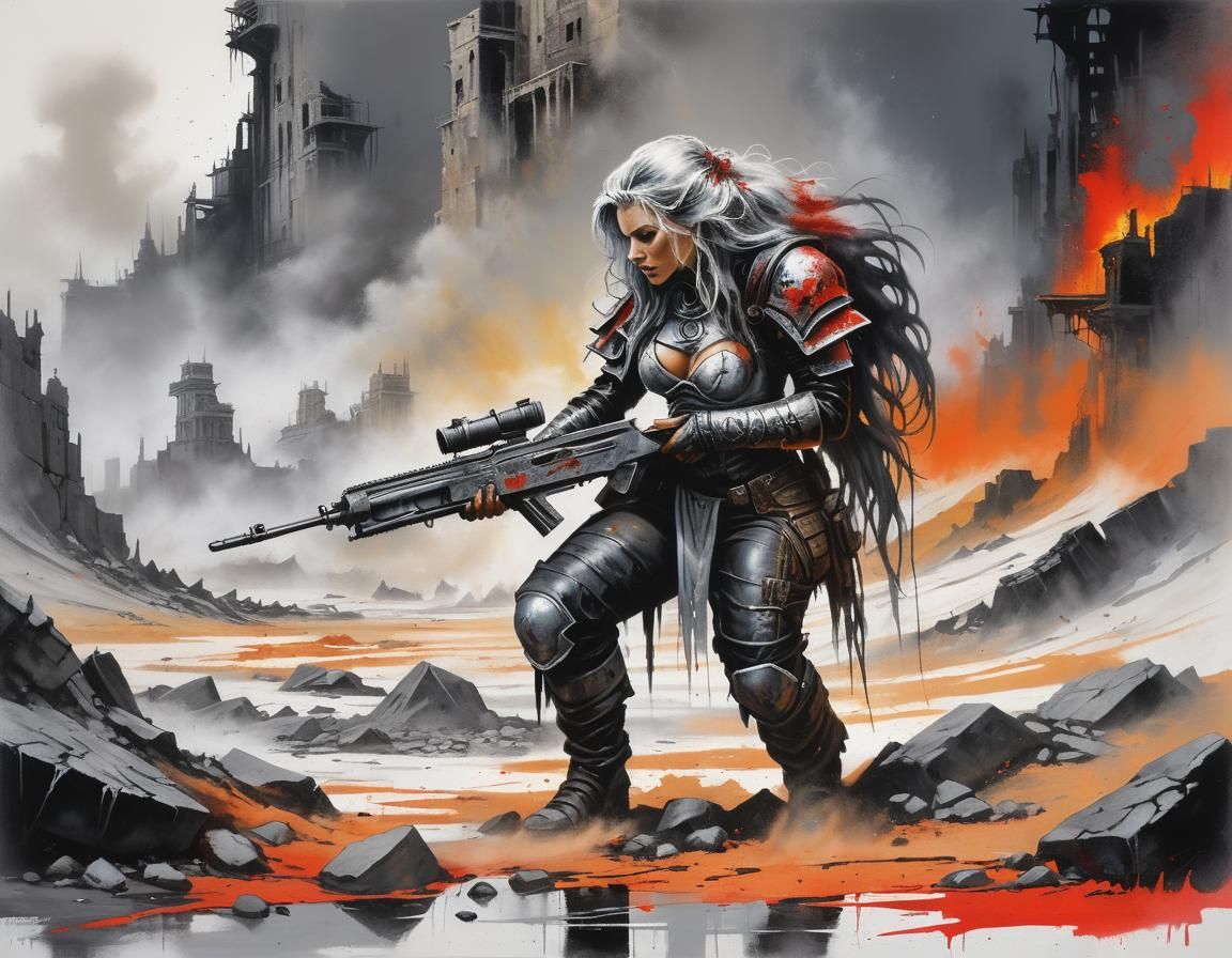 Silver Haired Woman in Apocalyptic Wasteland, Grung Art