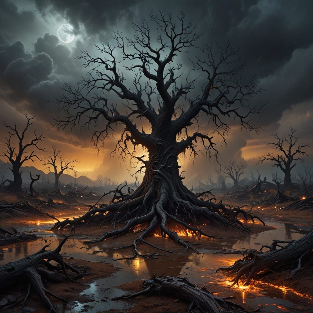 A Dark Fantasy Oak in a Desolate Wasteland