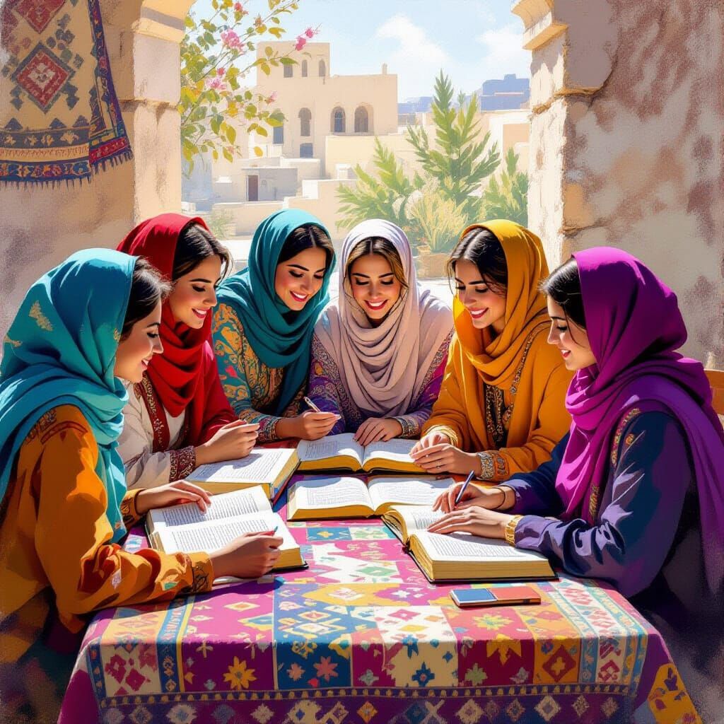 Women Discussing Bibles Amidst Middle Eastern Textiles