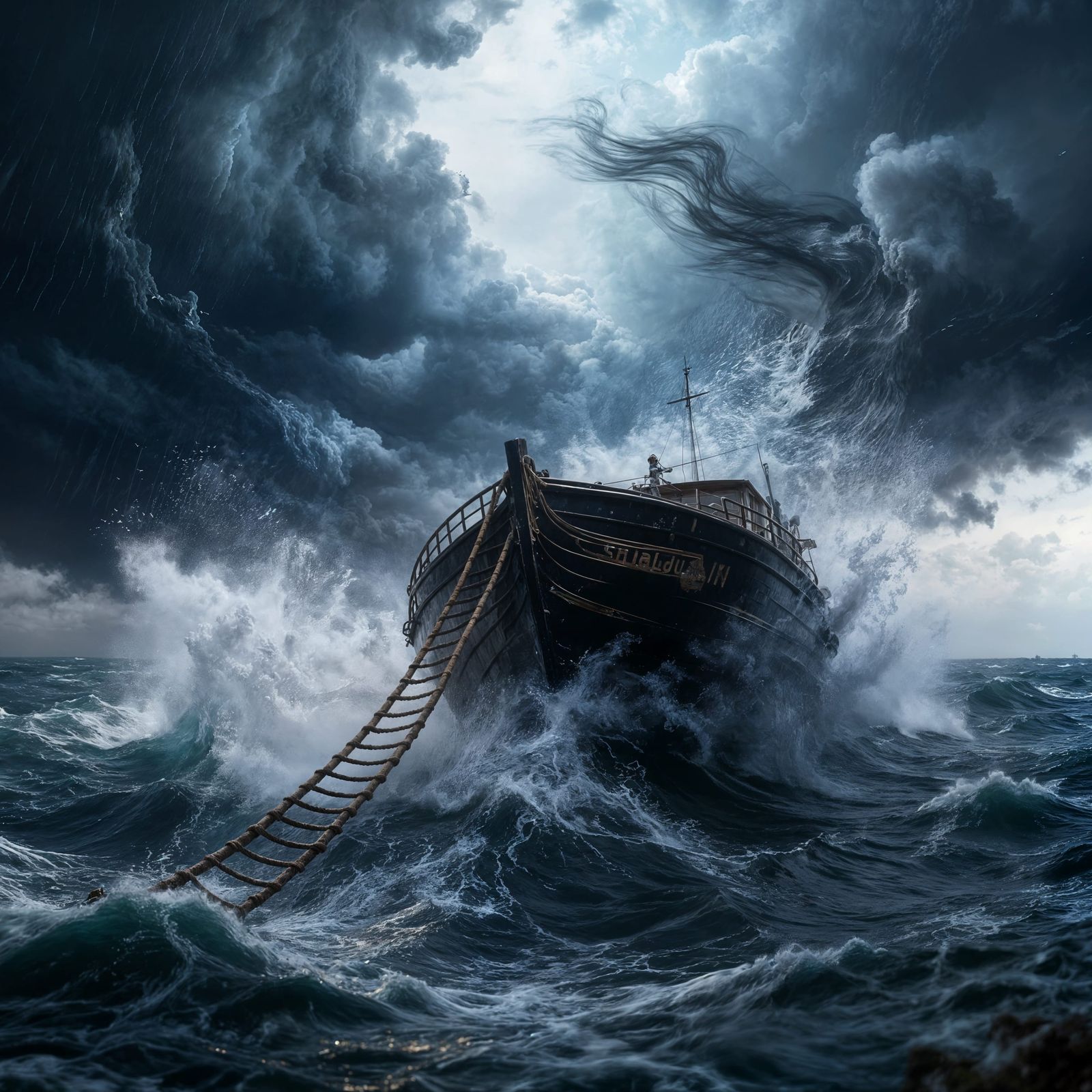 Hyperrealistic Ship Tossed in Fierce Storm