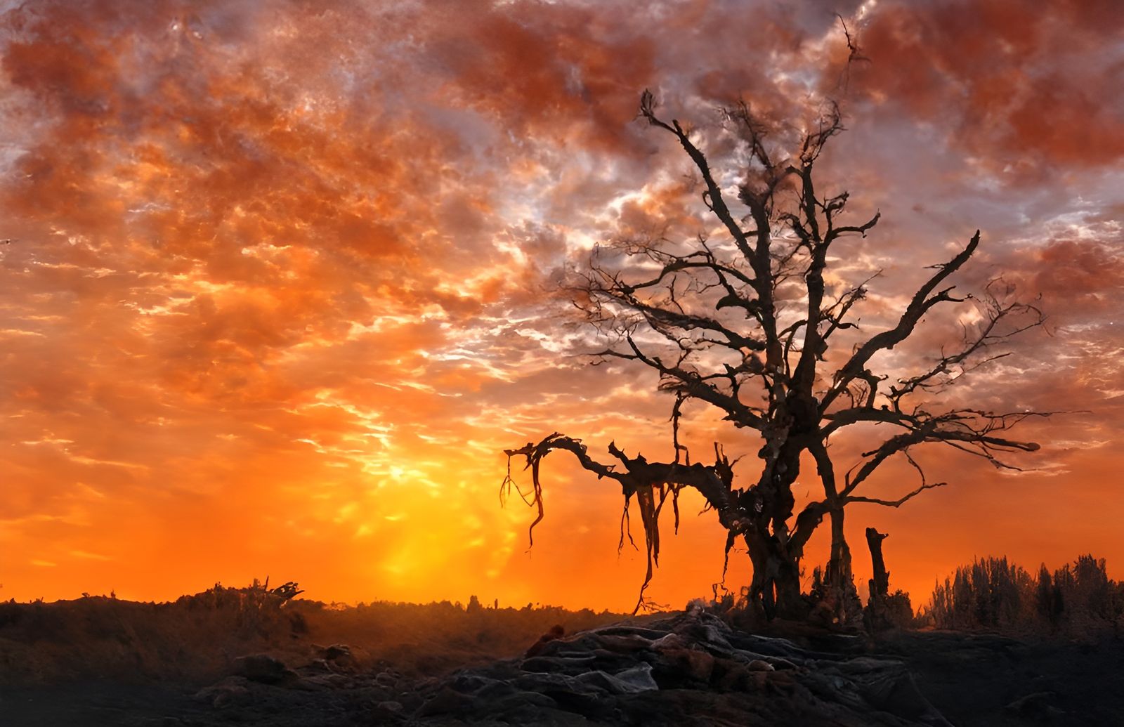 Eerie Sunset Silhouette: A Dead Tree Fantasy