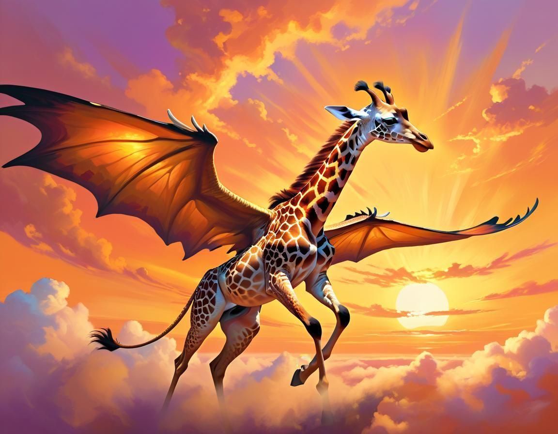 Giraffe with dragon wings flying through the sky at sunset