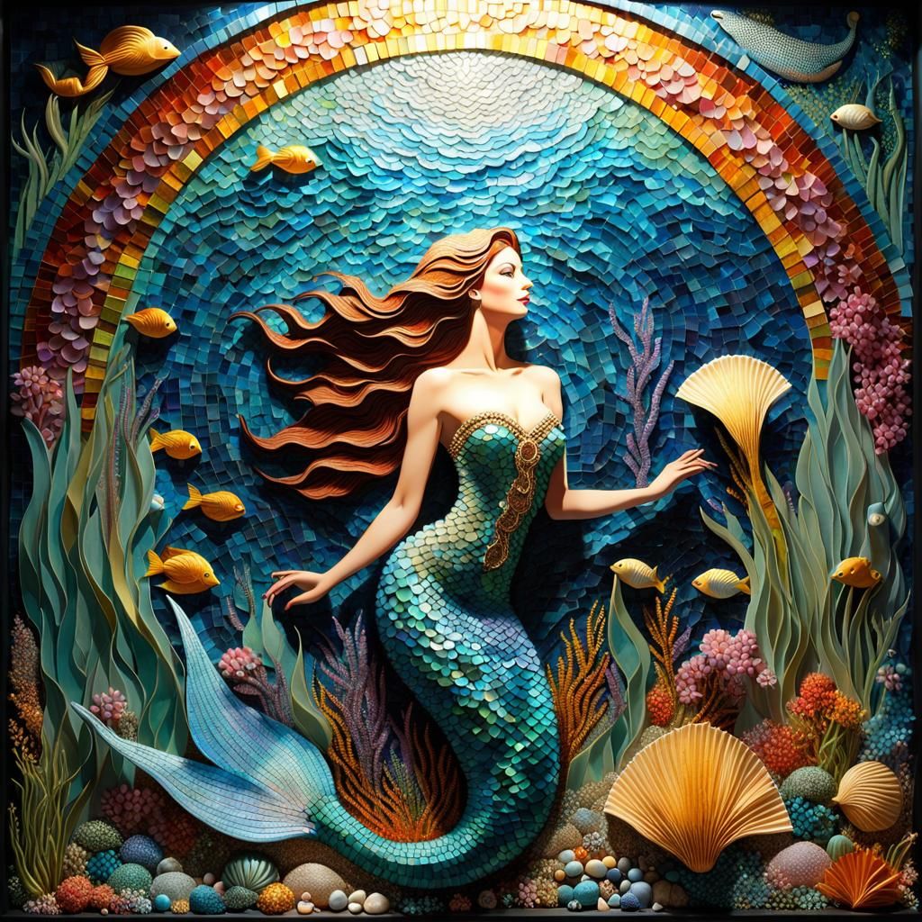 Glittery Mosaic Mermaid Diorama on a Volumetric Sea