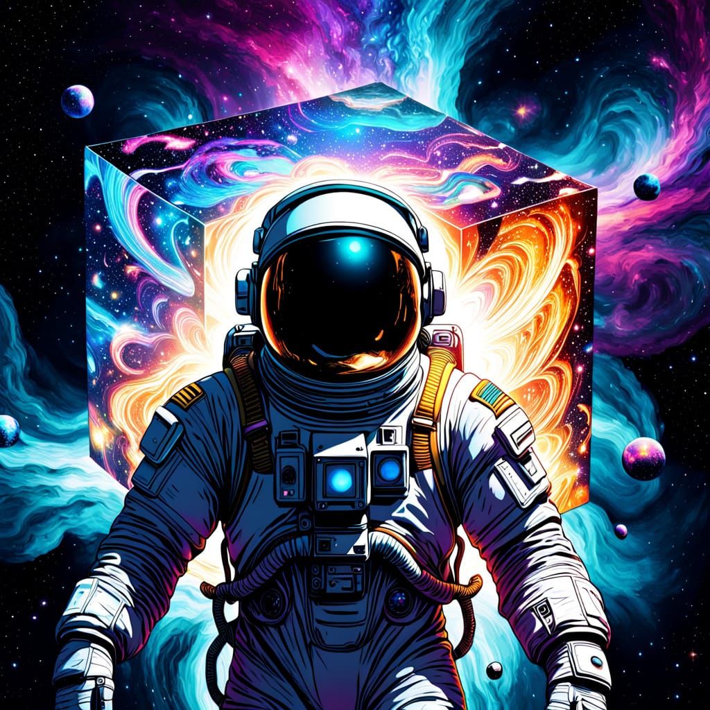 a colossal floating cube, acting as an interdimensional gateway, surrounded by swirling nebulae and celestial bodies. .....