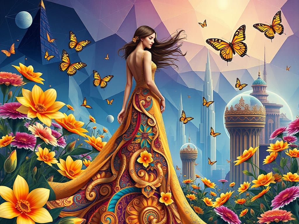 Ethereal Arcology Goddess in Vibrant Fractal Splendor