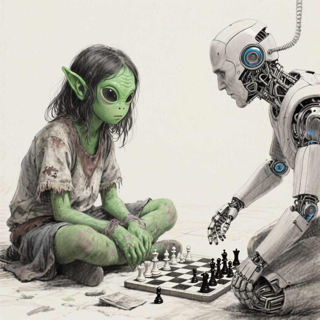 Alien Girl and Cyborg Play Chess in Charcoal Sketch