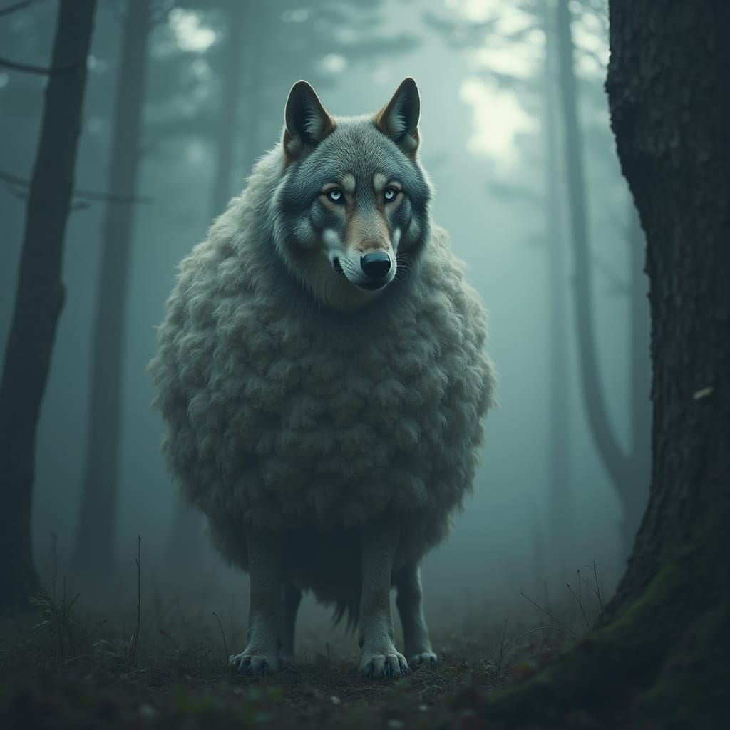 Bewildered Wolf in Sheep Costume in Misty Forest