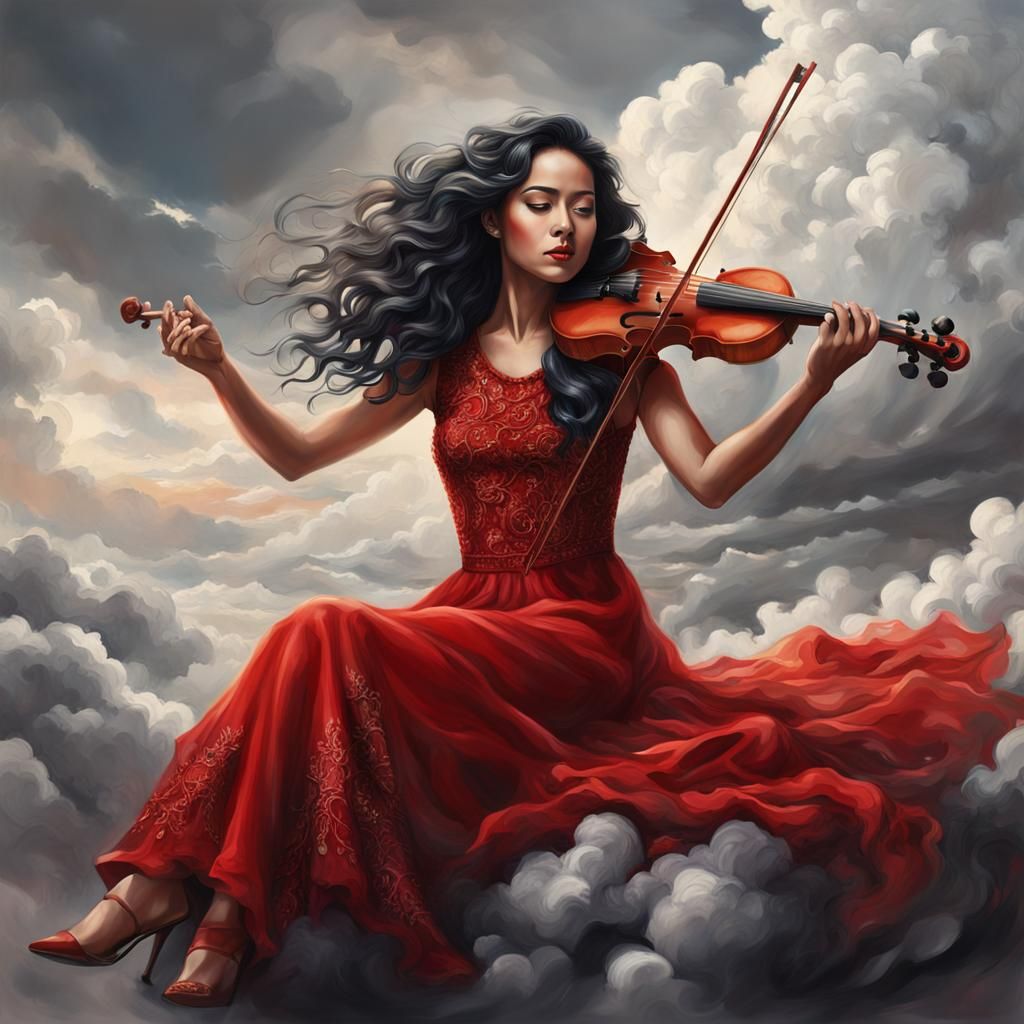 Hyperrealistic Woman Violinist on Clouds