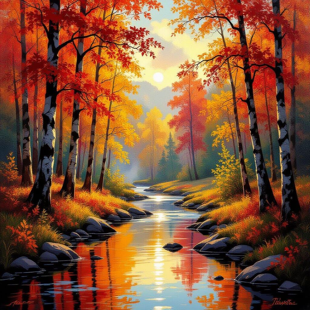 Vibrant Autumn Forest Landscape Painting