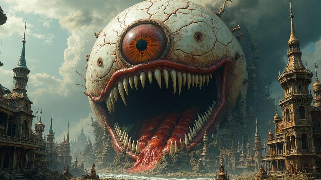 Gargantuan Bloodshot Eyeball with Steampunk Metropolis