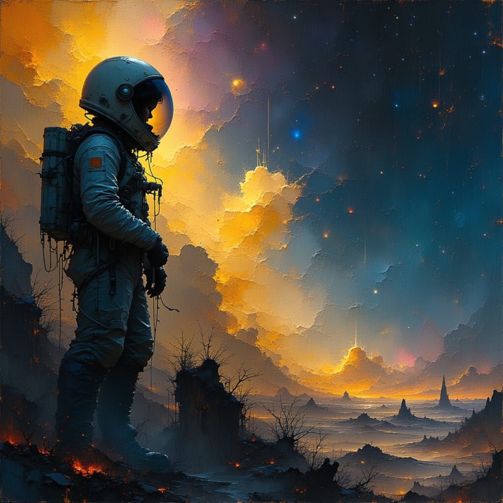 Astronaut Adrift Gazing at Luminous Nebula in Digital Painti...