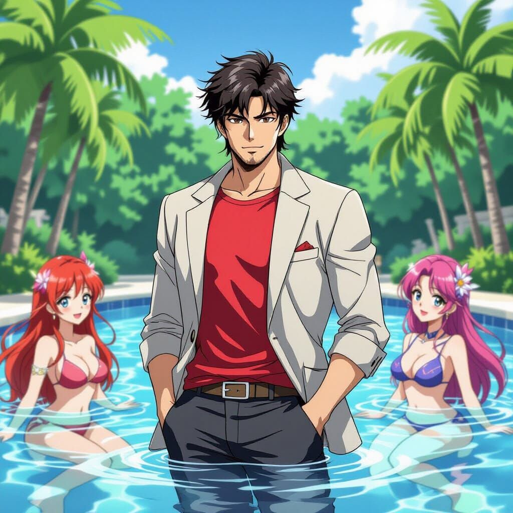 Action Hero Meets Mermaids in Pool, Clean Art Style