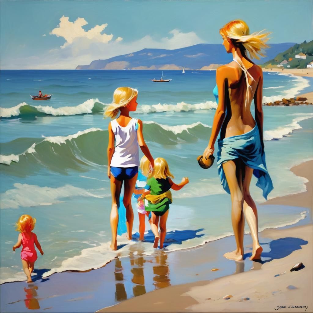 Beach Scene with Family, Oil Painting
