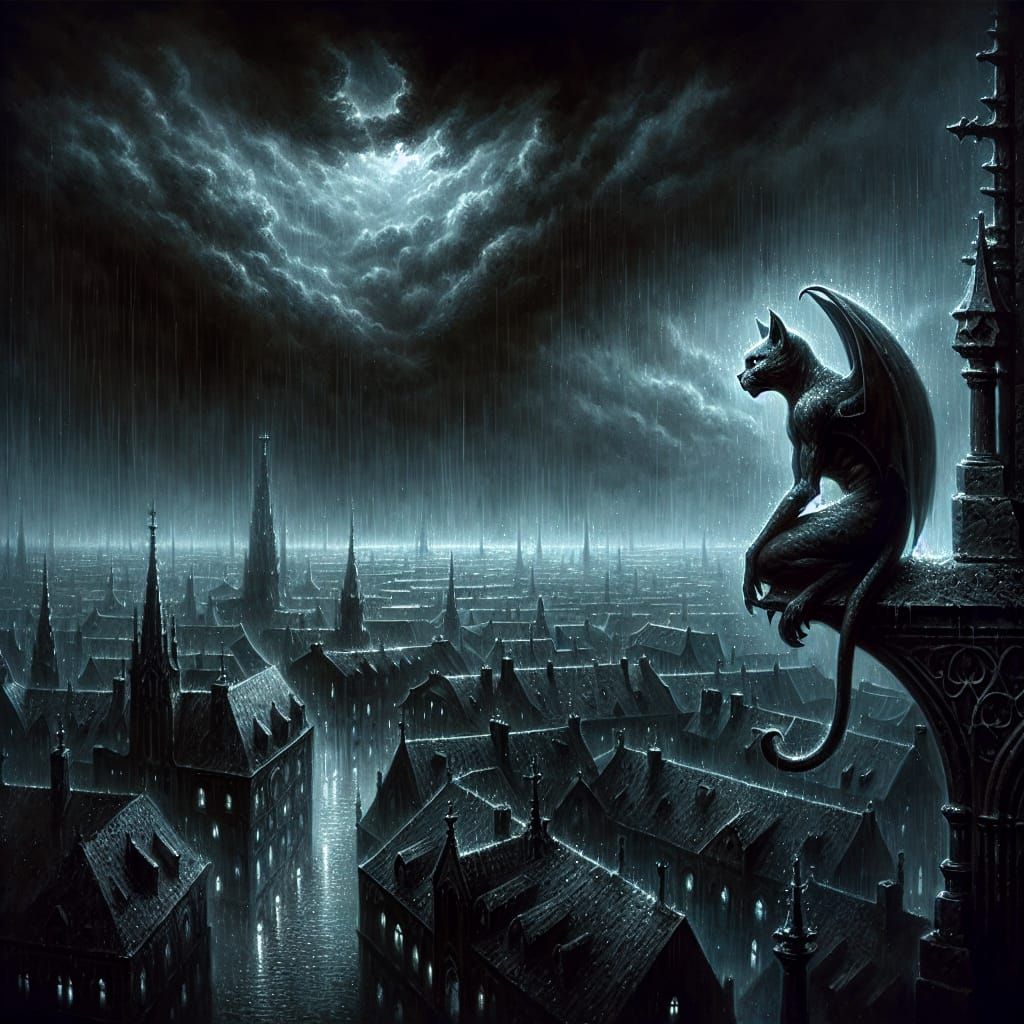 Eerie Gargoyle Watches Over Gothic Cityscape in Dark Fantasy...
