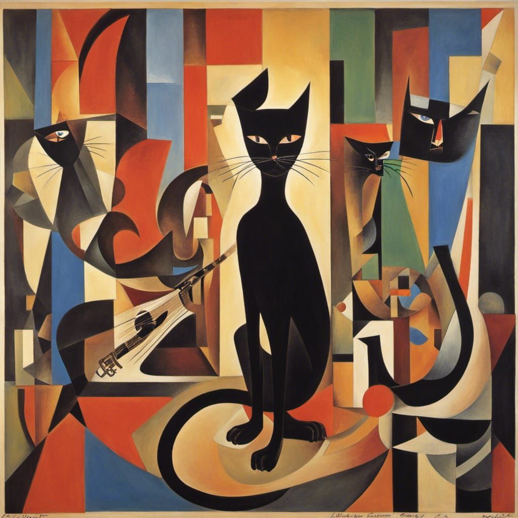 Jazz Cat in Abstract Cubism Style