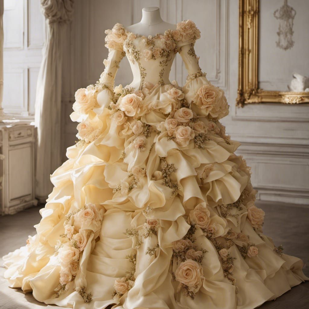Pale Gold Rococo Dress with Ruffles and Roses