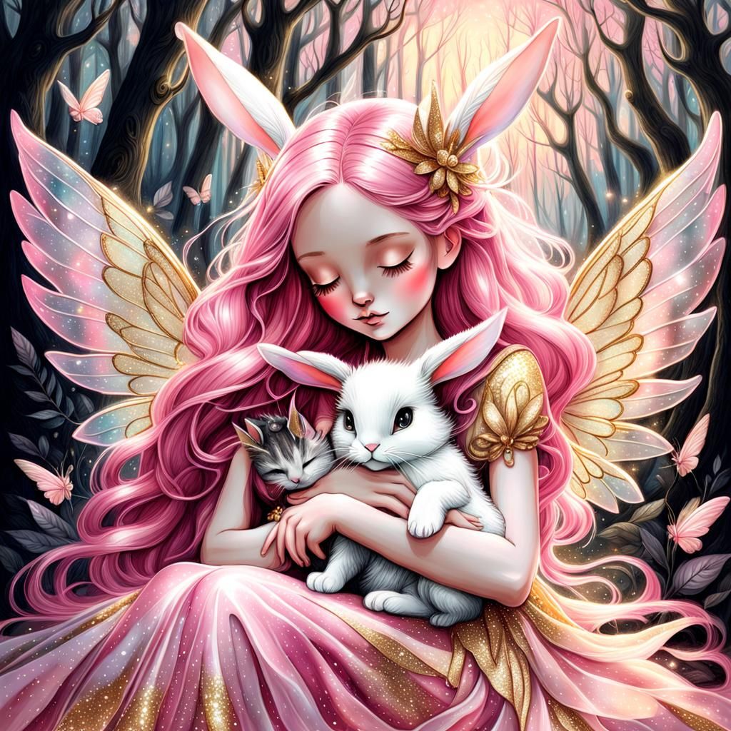 Fairy with Bunny in Enchanted Forest, Charcoal Drawing