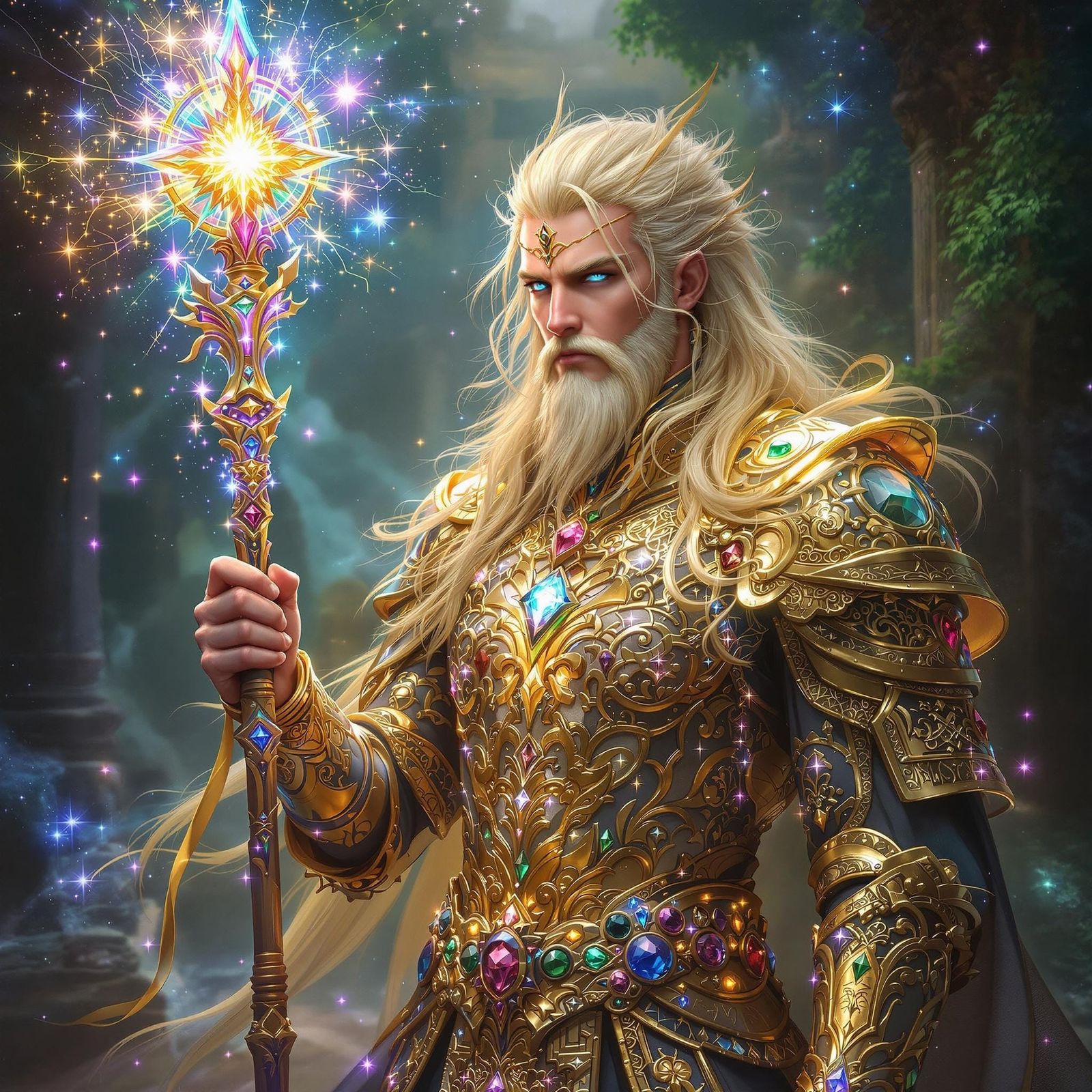 Mystical Wizard Man in Balinese Armor Stands Before Ancient ...