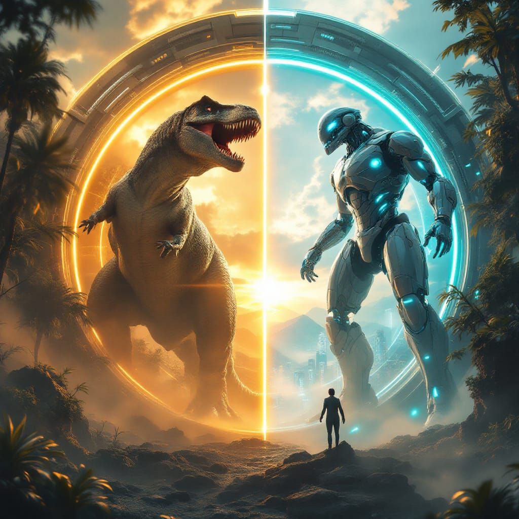 Time Portal Battle: T-Rex vs Mech in Sci-Fi Art