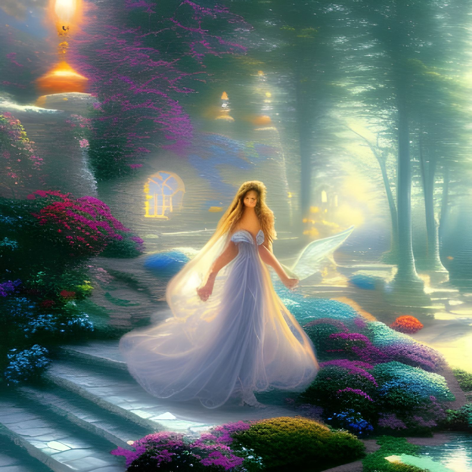 Ethereal Woman with Jewels in Fantasy Landscape