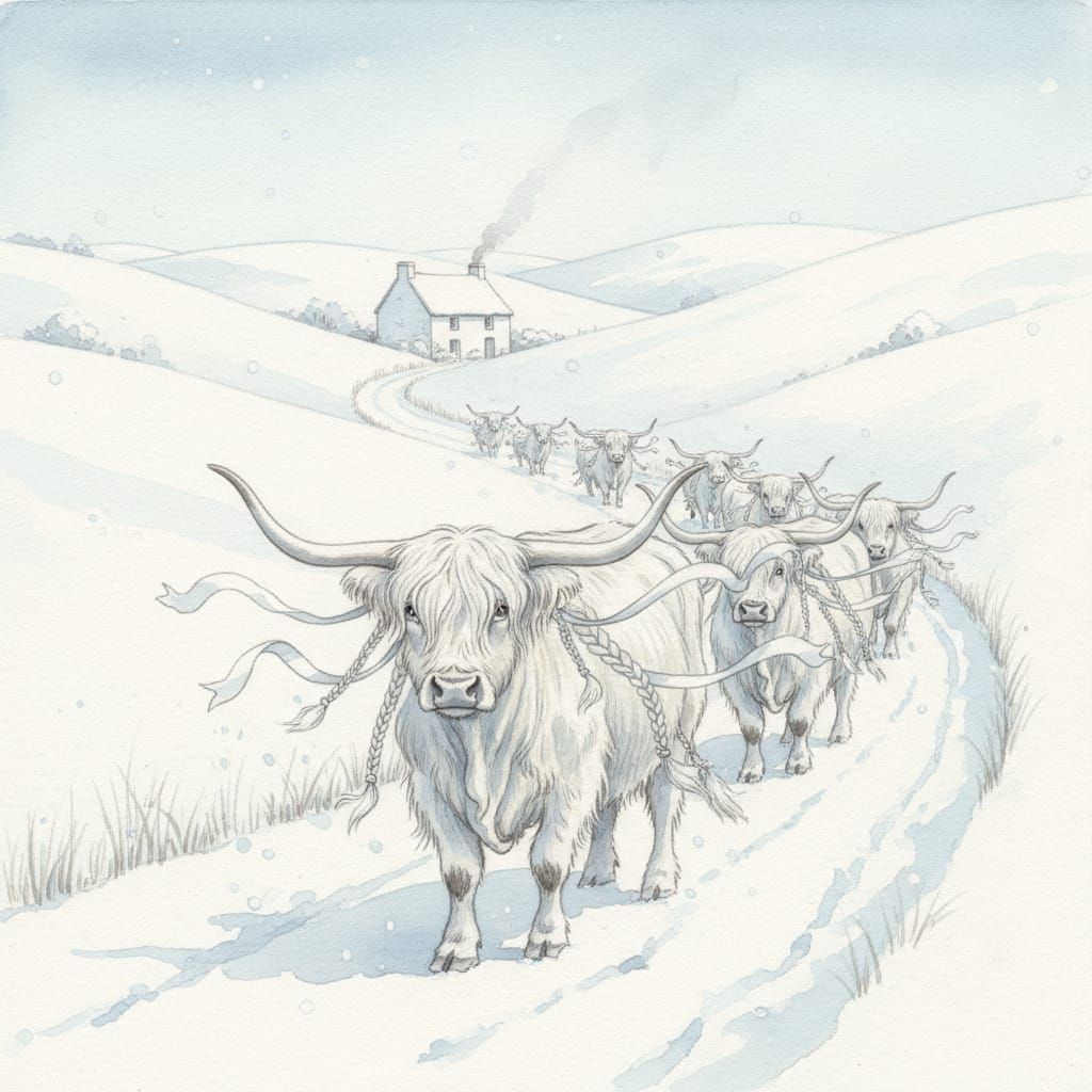 Albino Highland Cows in Watercolor Landscape