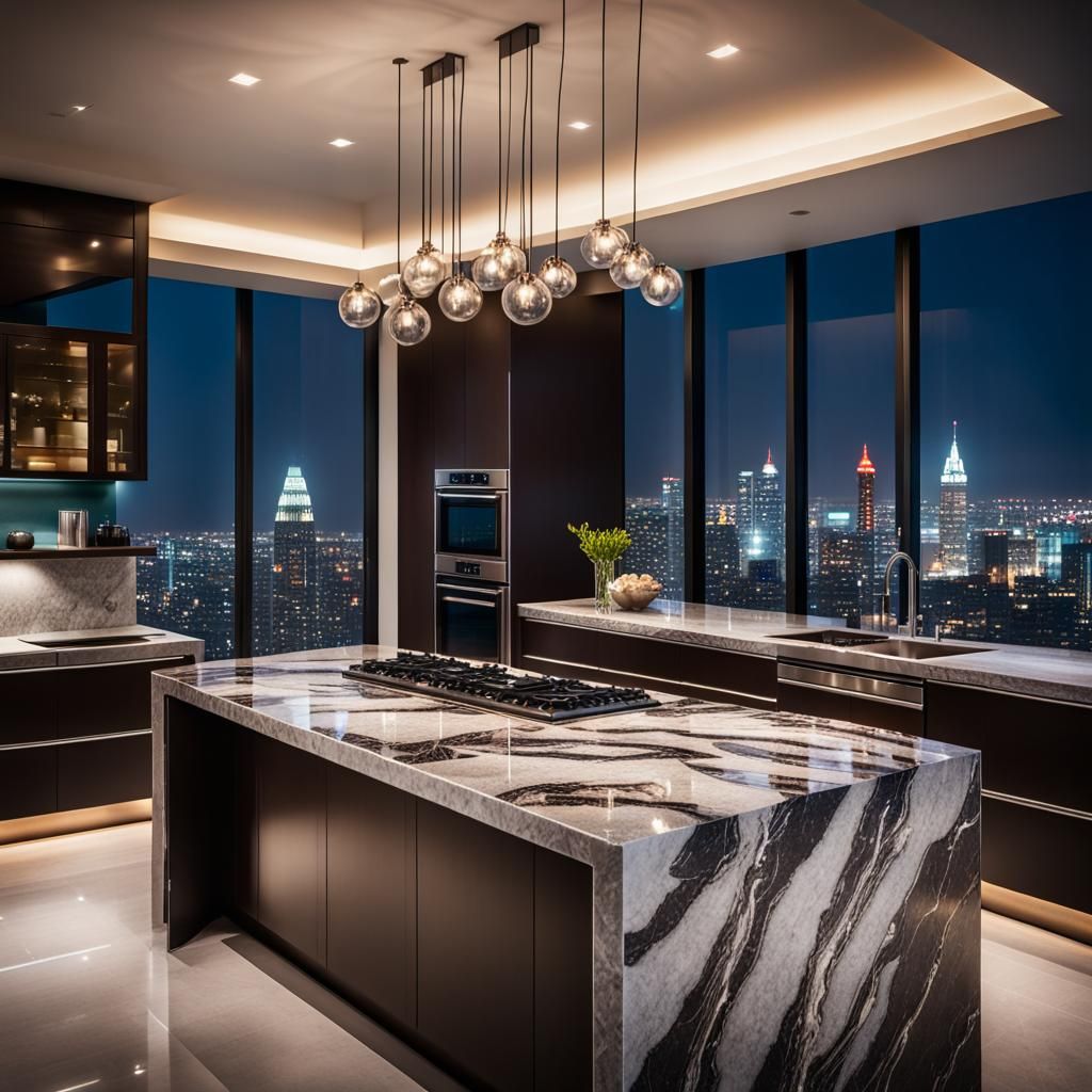 Modern Dark Luxury Marble Kitchen at Night